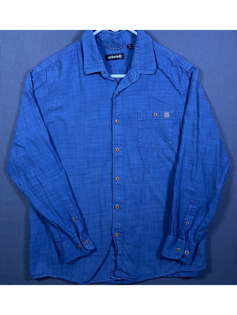Solaris Mens XL 25x28 LS Button Up Blue Chambray Shirt 100% Hiking Camp Outdoors